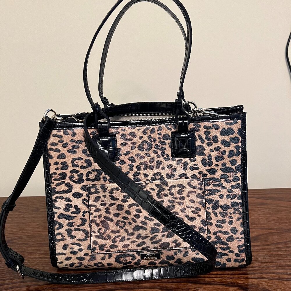 Vince Camuto Leather Leopard Print Byron Satchel Top Handle Bag